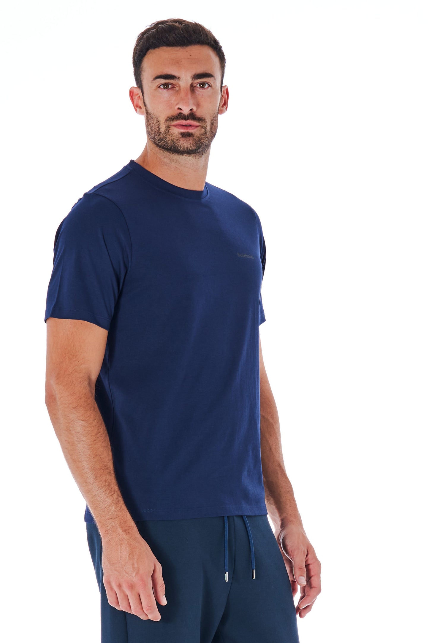 Blaues Baumwoll-T-Shirt mit kurzen Ärmeln und Logo vorne