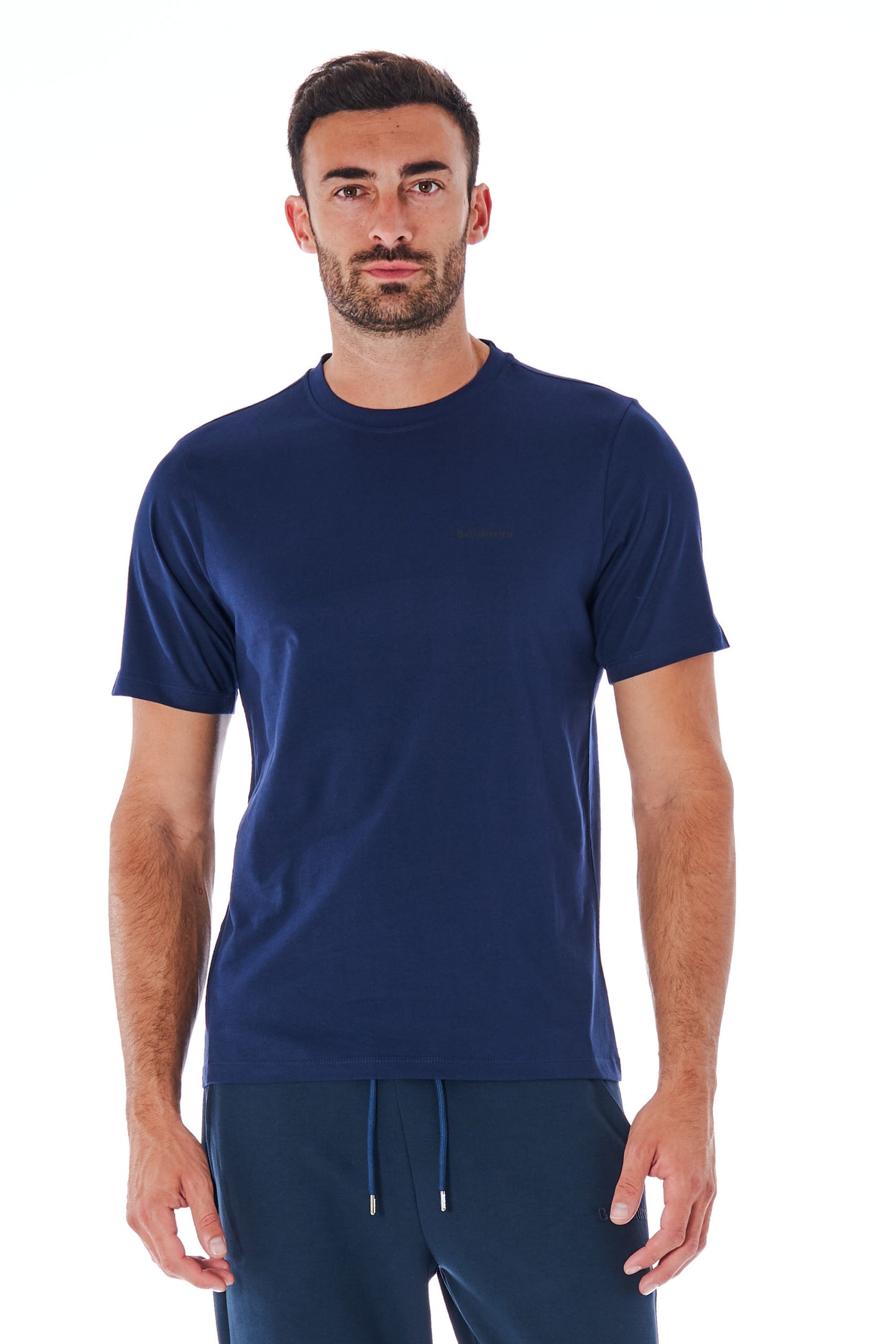 Blaues Baumwoll-T-Shirt mit kurzen Ärmeln und Logo vorne