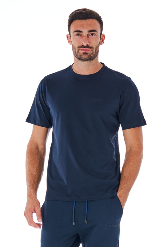 Blaues Baumwoll-T-Shirt mit kurzen Ärmeln und Logo vorne