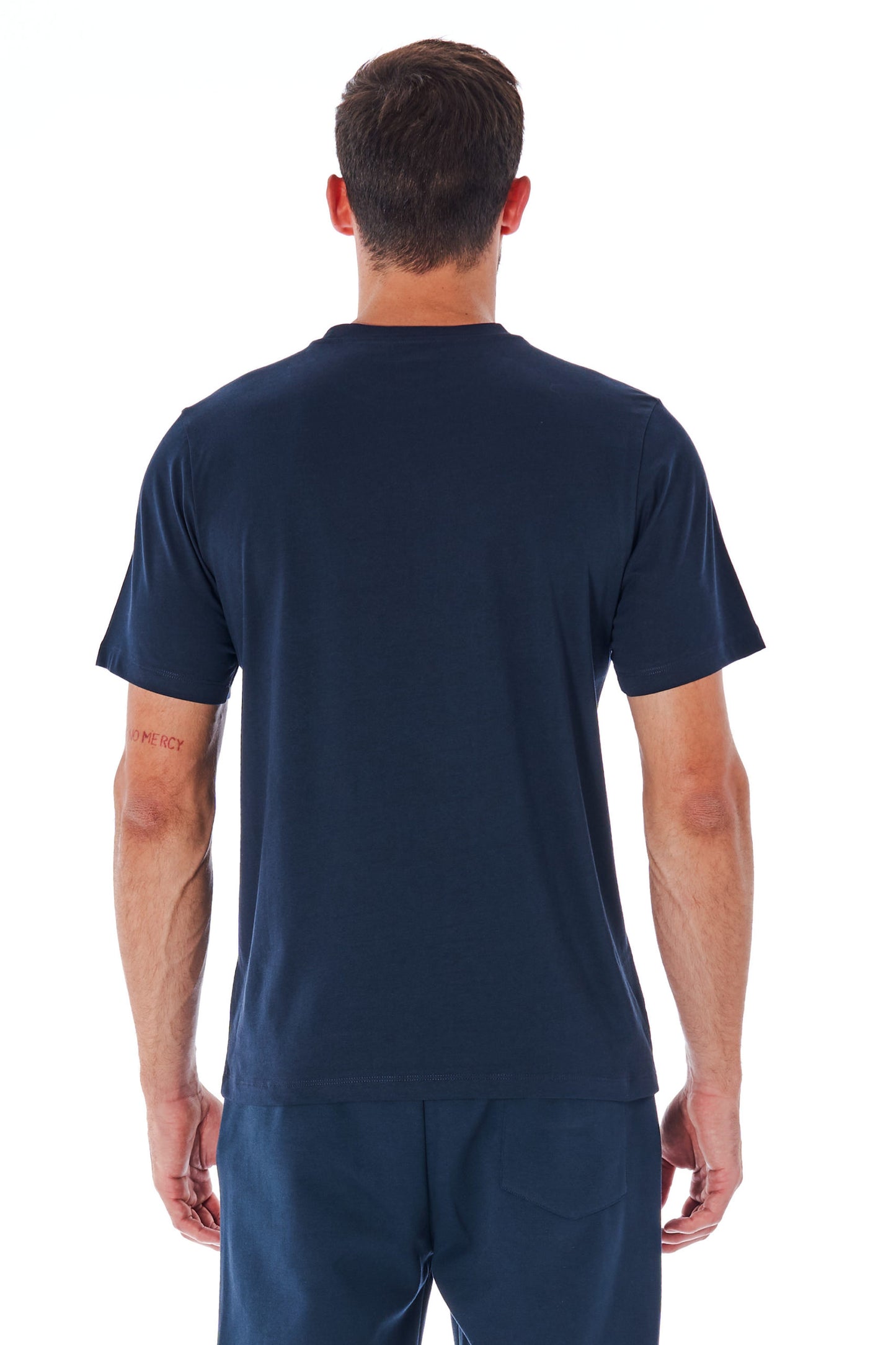 Blaues Baumwoll-T-Shirt mit kurzen Ärmeln und Logo vorne