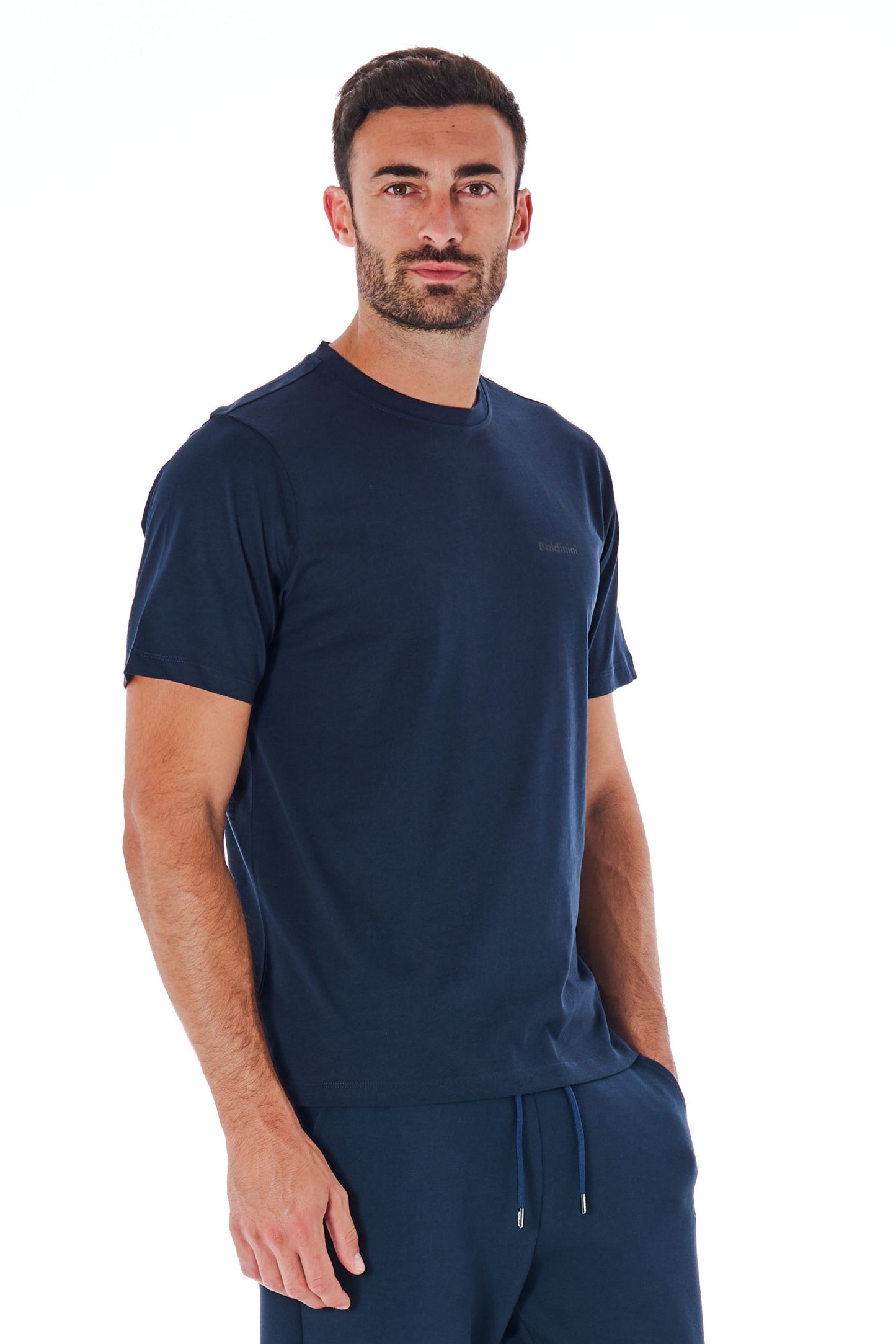 Blaues Baumwoll-T-Shirt mit kurzen Ärmeln und Logo vorne