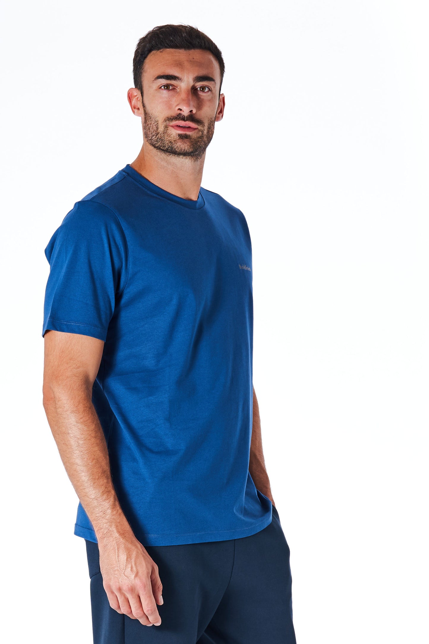 Blaues Baumwoll-T-Shirt mit kurzen Ärmeln und Logo vorne