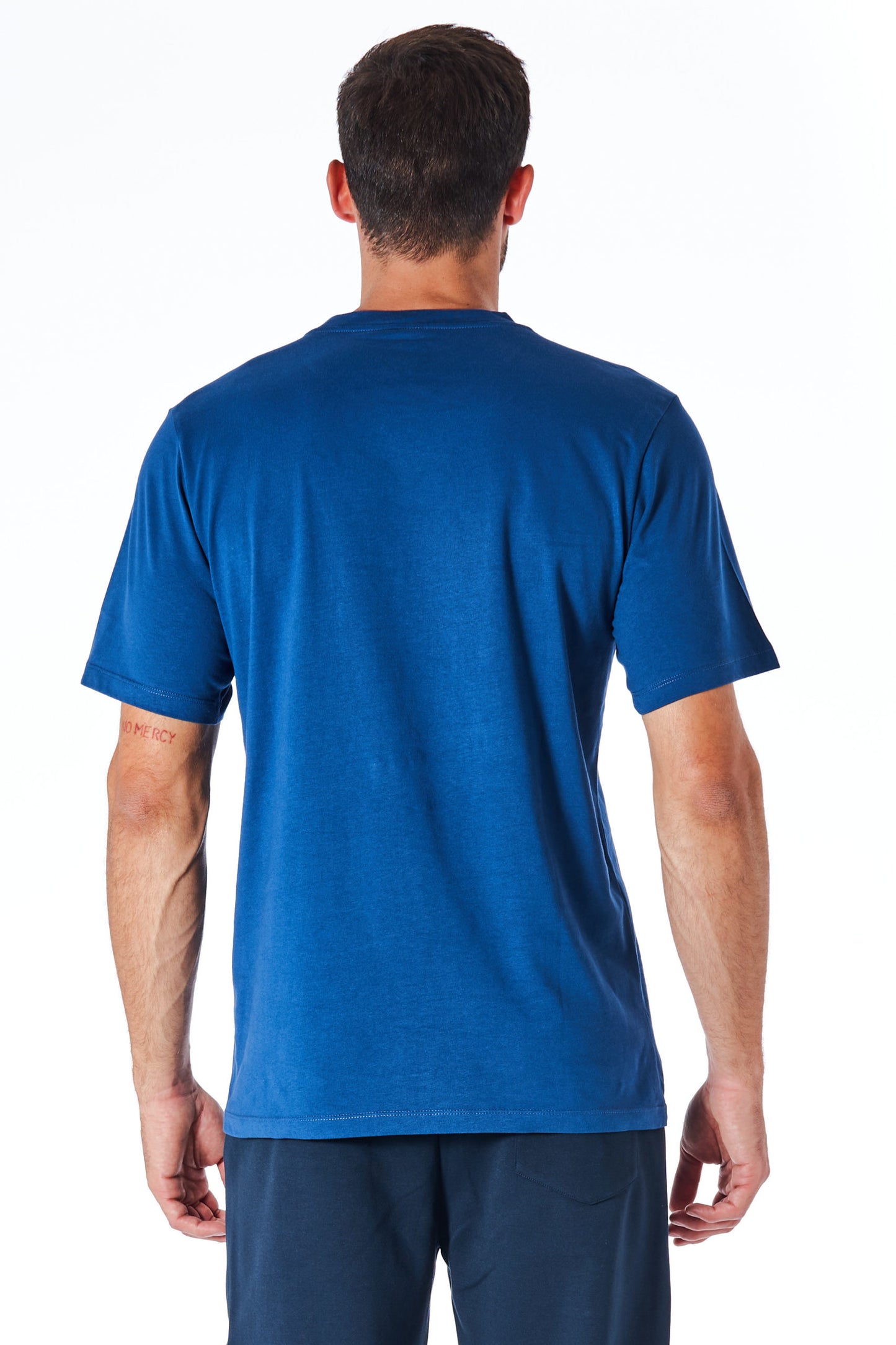 Blaues Baumwoll-T-Shirt mit kurzen Ärmeln und Logo vorne