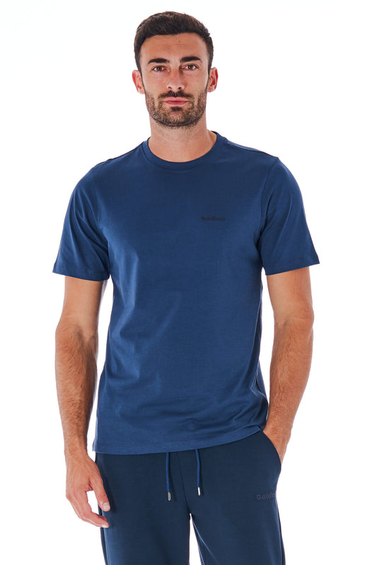 Blaues Baumwoll-T-Shirt mit kurzen Ärmeln und Logo vorne