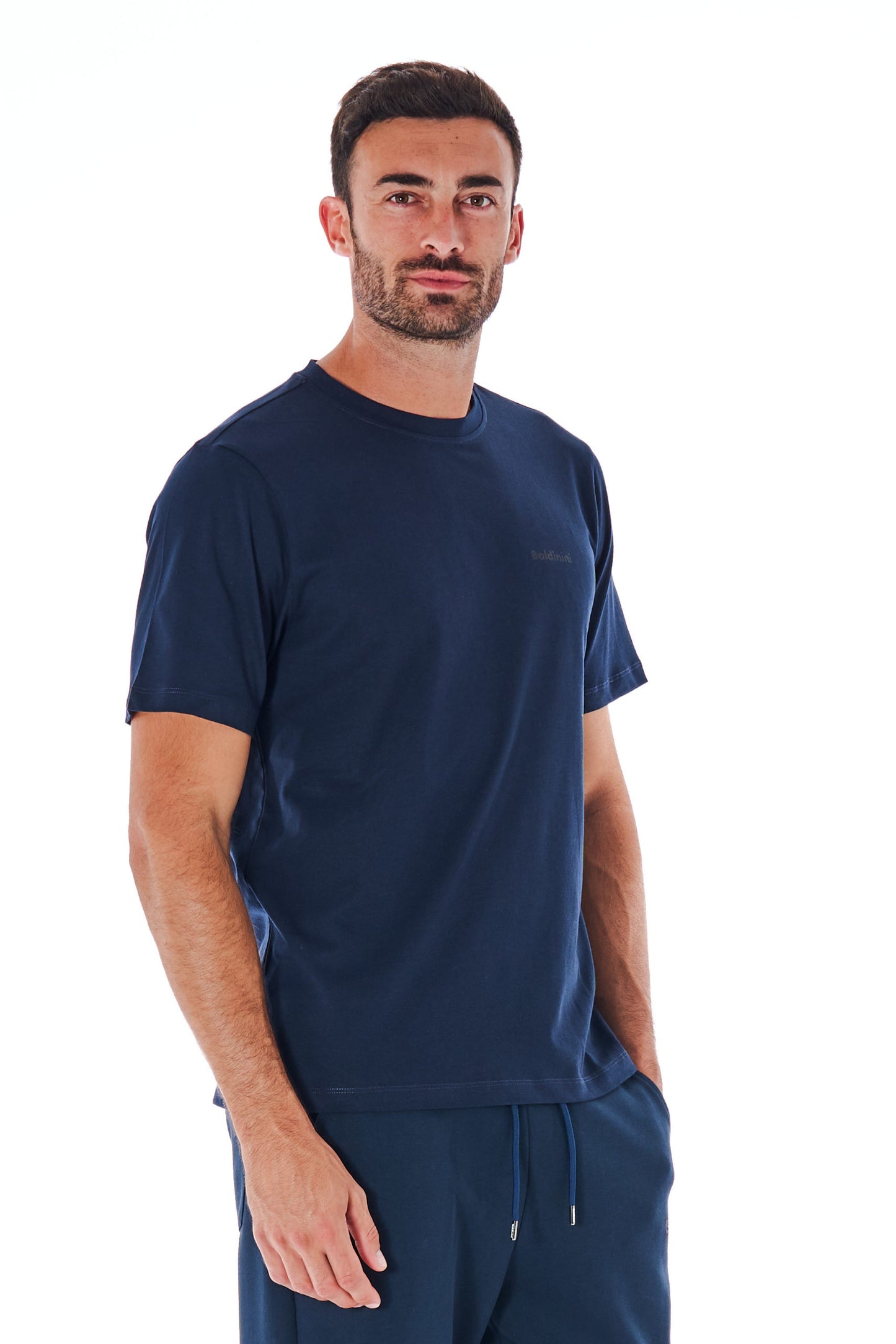 Blaues Baumwoll-T-Shirt mit kurzen Ärmeln und Logo vorne