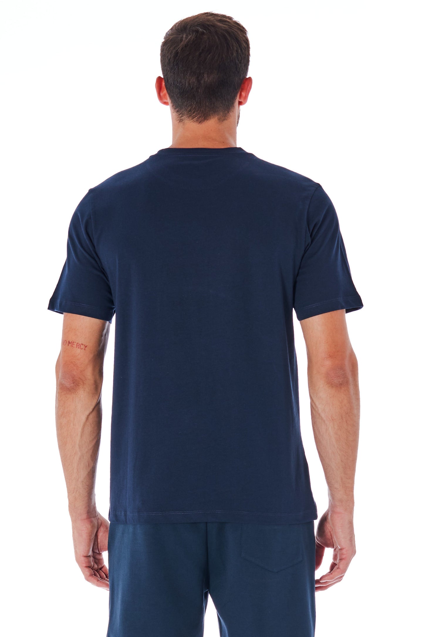 Blaues Baumwoll-T-Shirt mit kurzen Ärmeln und Logo vorne