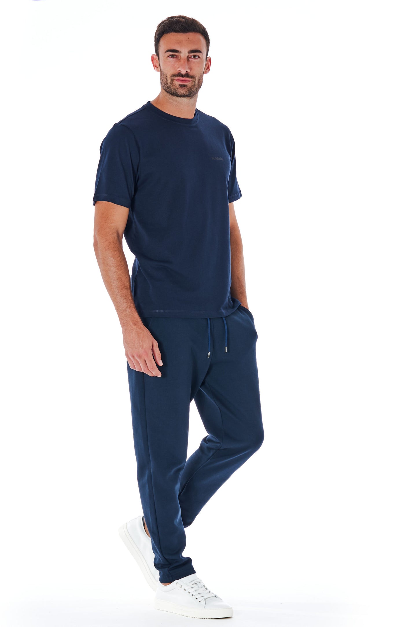 Blaues Baumwoll-T-Shirt mit kurzen Ärmeln und Logo vorne