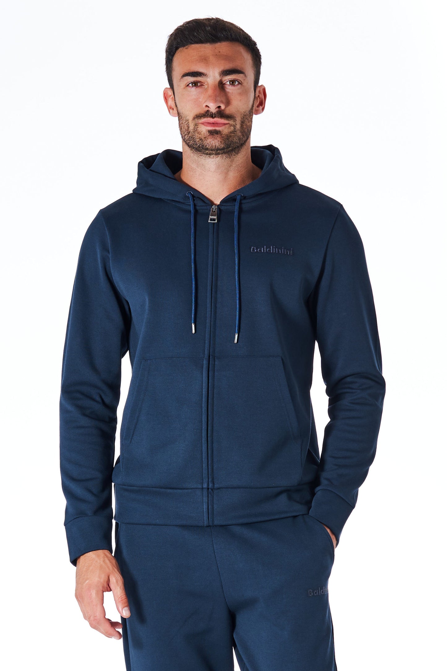 Blaues Sweatshirt mit Kapuze und Reißverschluss aus Baumwolle und Polyester