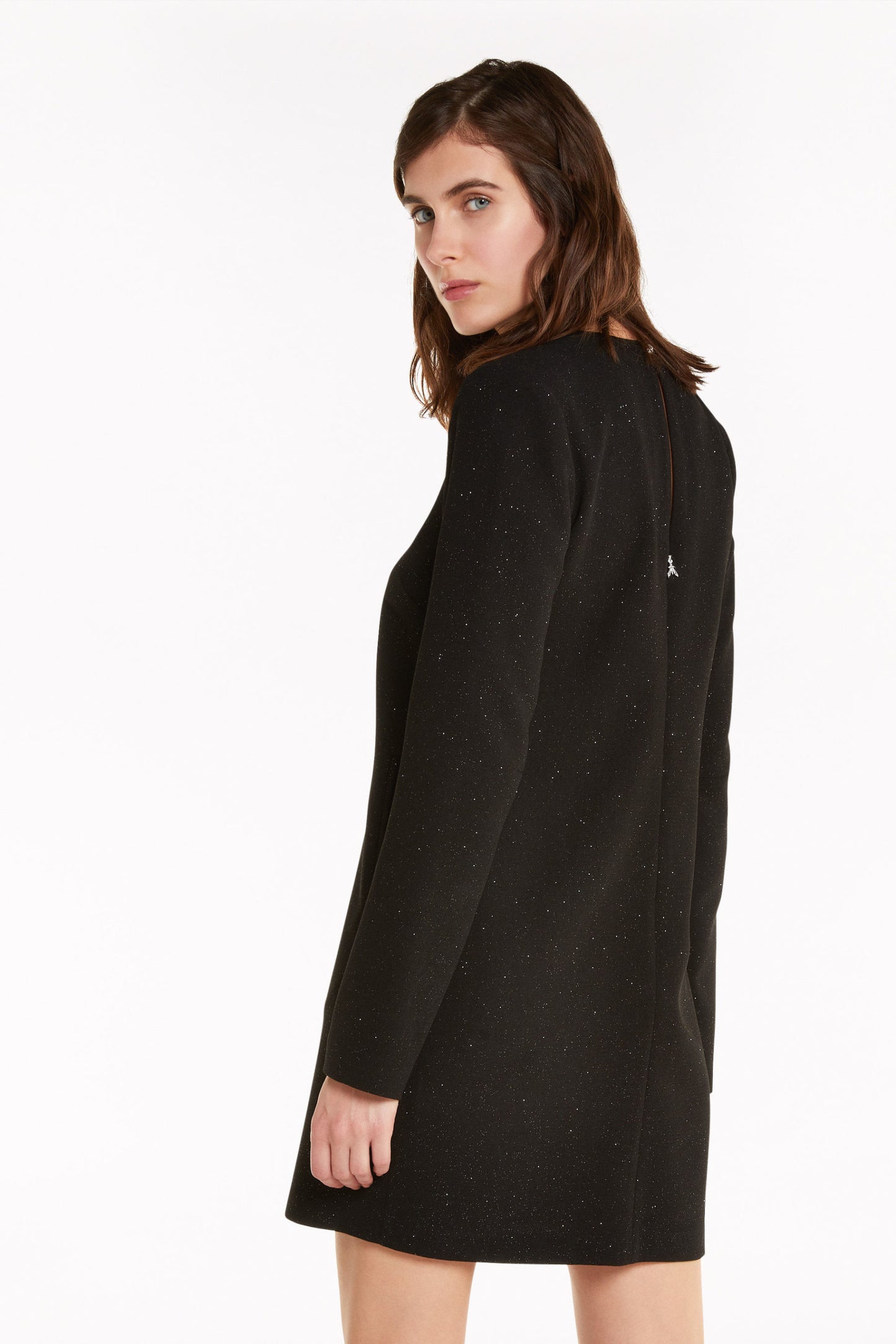 Schwarzes Polyester-Glitzer-Kleid mit V-Ausschnitt